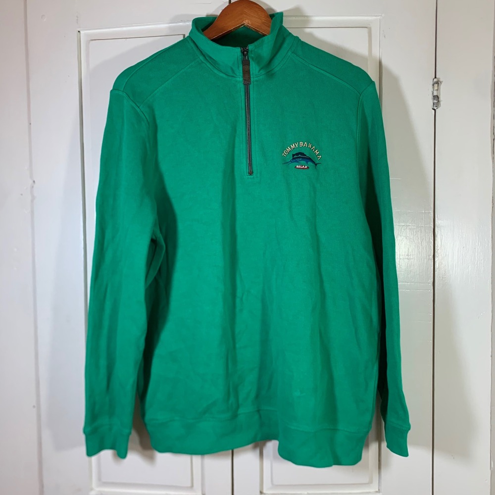 Tommy Bahama Relax Mens Green 1/4 Pullover Cotton‎ Marlin Logo Sweatshirt FLAWS
